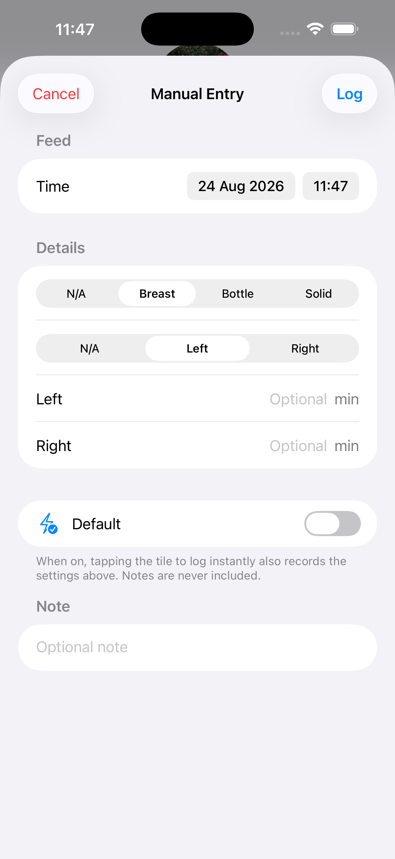 Feed detail sheet showing breast, bottle, and solid options with side selector