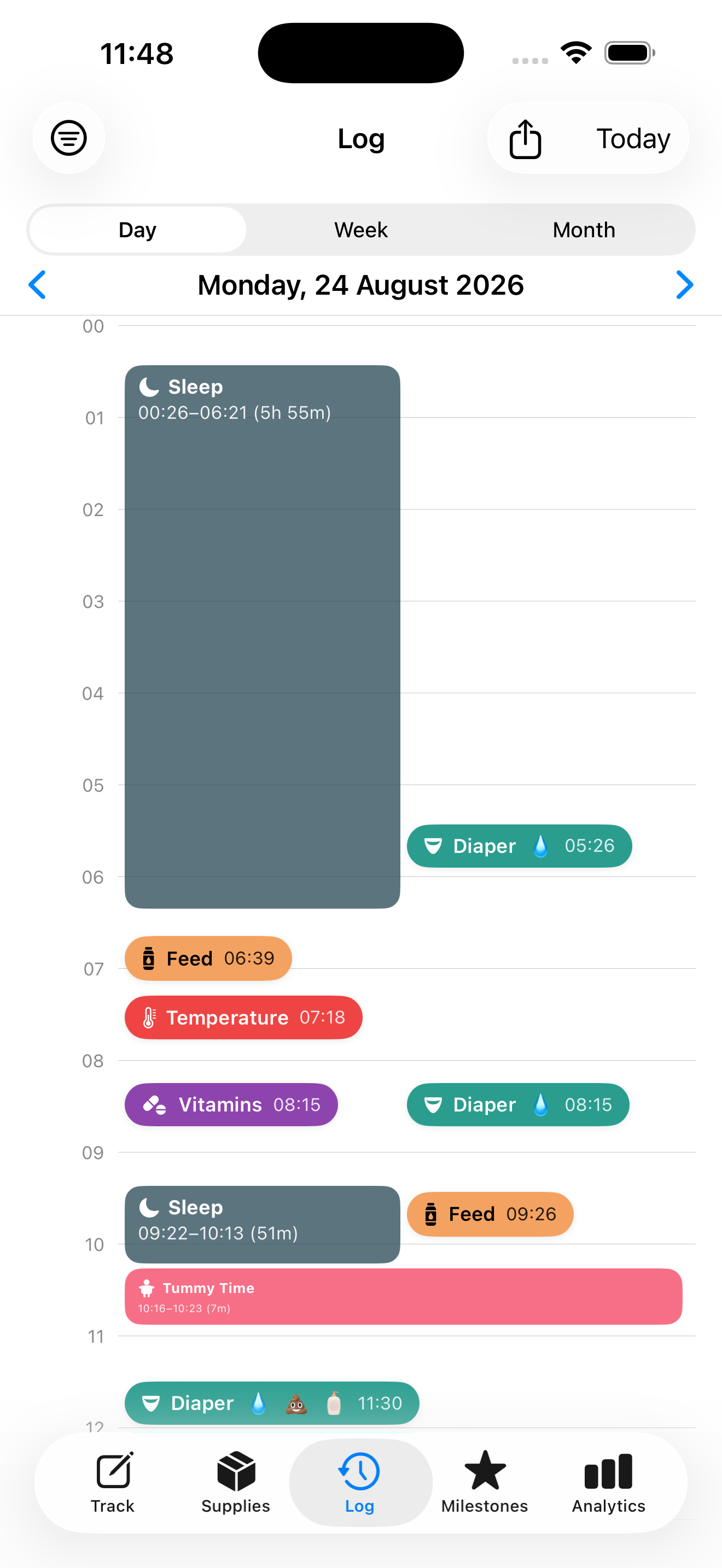 Log tab showing visual day timeline with sleep blocks, feeds, and diapers