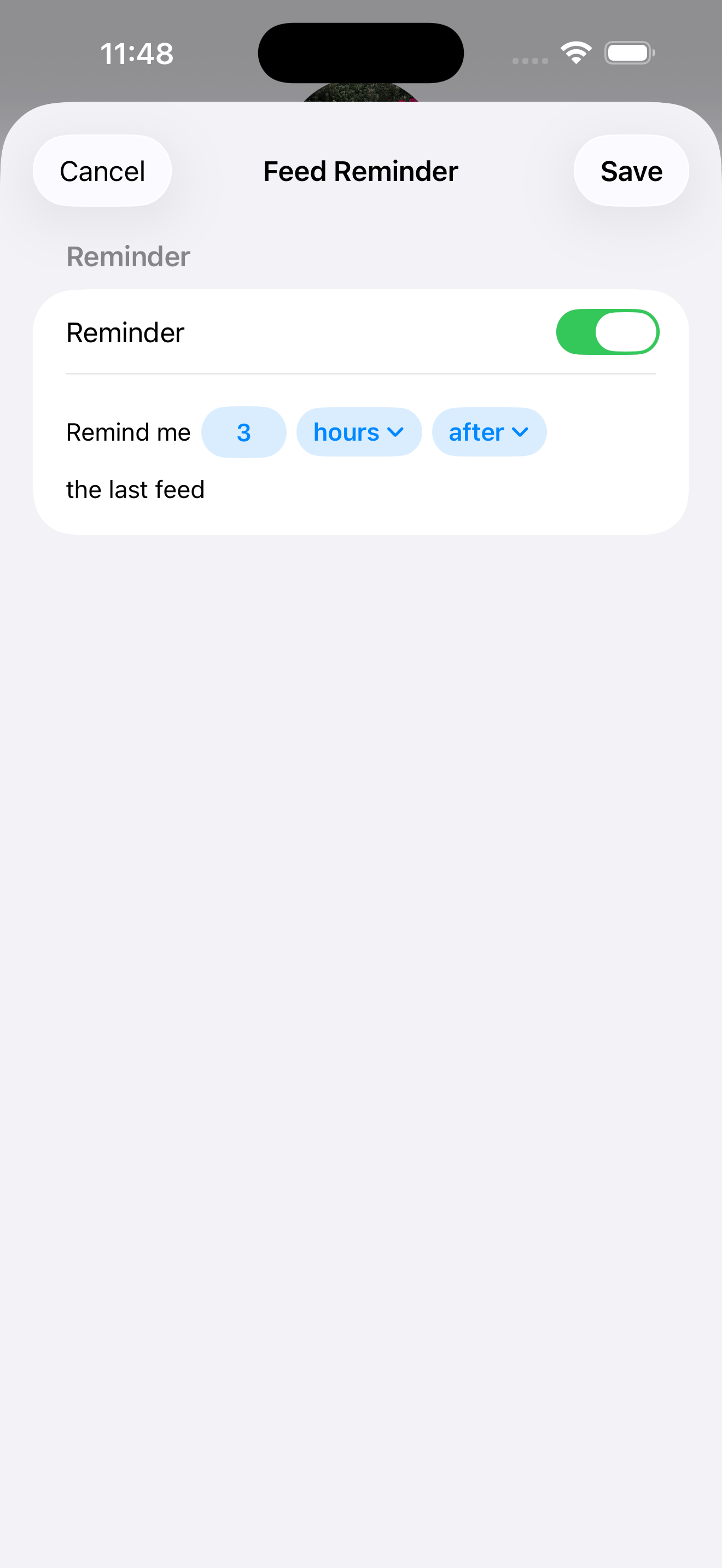 Feed reminder setup showing interval-based reminder configuration