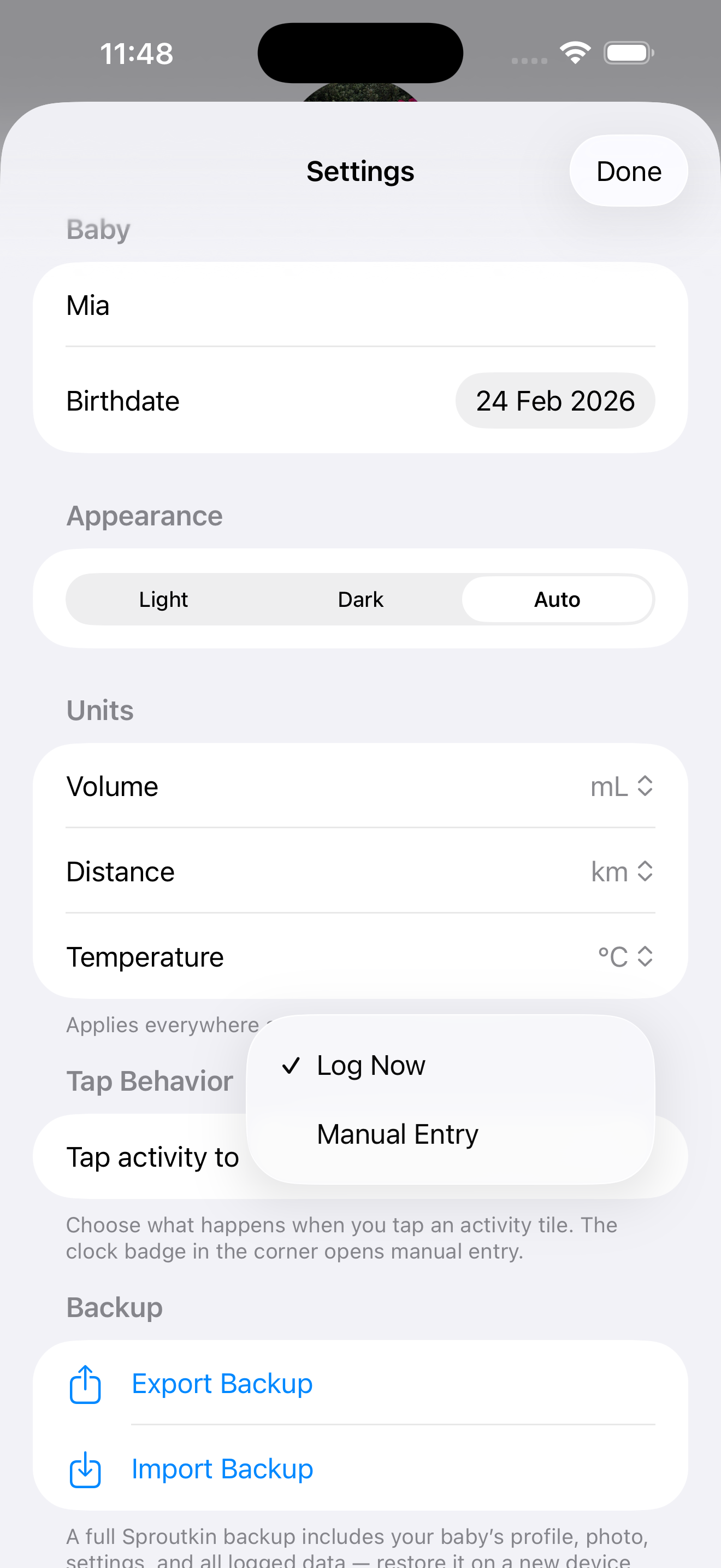 Settings screen showing baby profile, units, tap behavior, and backup options