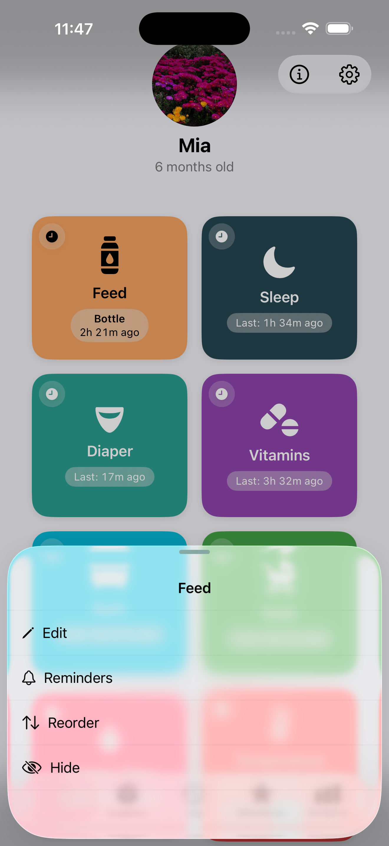 Track tab showing activity tile grid and long-press context menu
